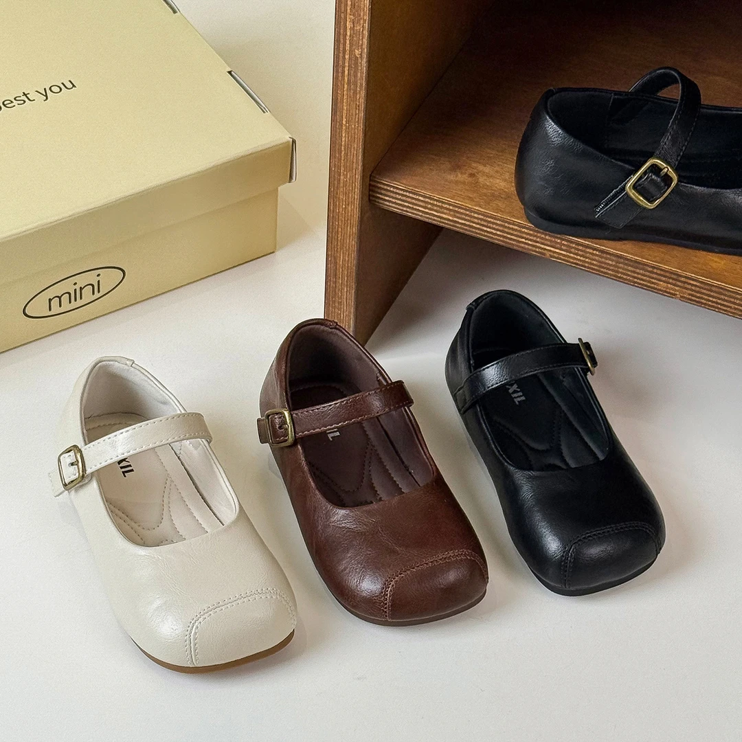 女童皮鞋2025年春季新款儿童鞋子韩版百搭方口鞋复古时尚奶奶鞋