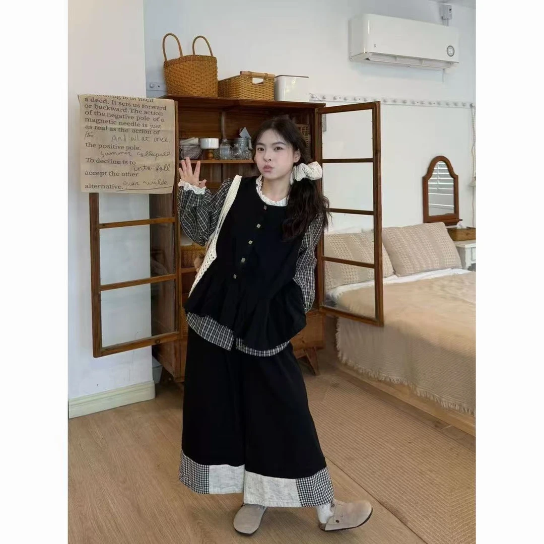 设计感格子长袖衬衫叠穿宽松马甲女秋季新款显瘦阔腿裤三件套