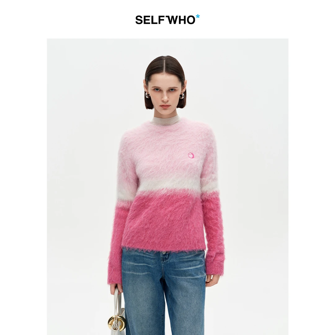 SELFWHO羊驼毛混纺渐变毛衣女2025冬季新款圆领落肩慵懒风针织衫