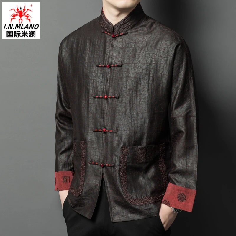 【真丝香云纱唐装】高档中老年唐装男中式外套中国风立领盘扣休闲男