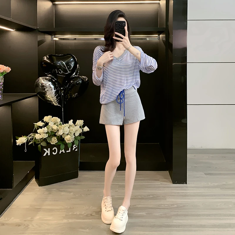 韩版宽松长袖T恤撞色条纹防晒上衣显瘦短裤慵懒风运动休闲套装女