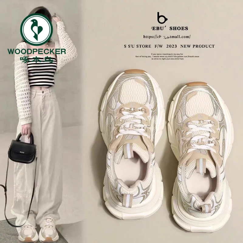 啄木鸟女鞋2025新款网面透气厚底老爹鞋女春季大码百搭休闲运动鞋