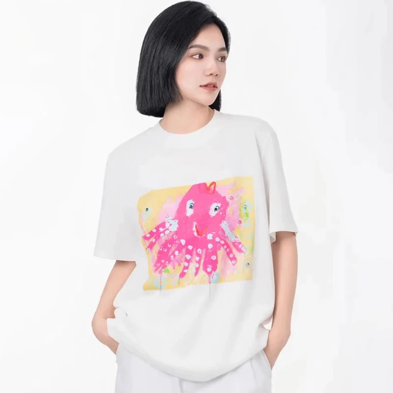 商场同款2025夏季新款短袖时尚显瘦百搭白色涂鸦T恤上衣女5300902