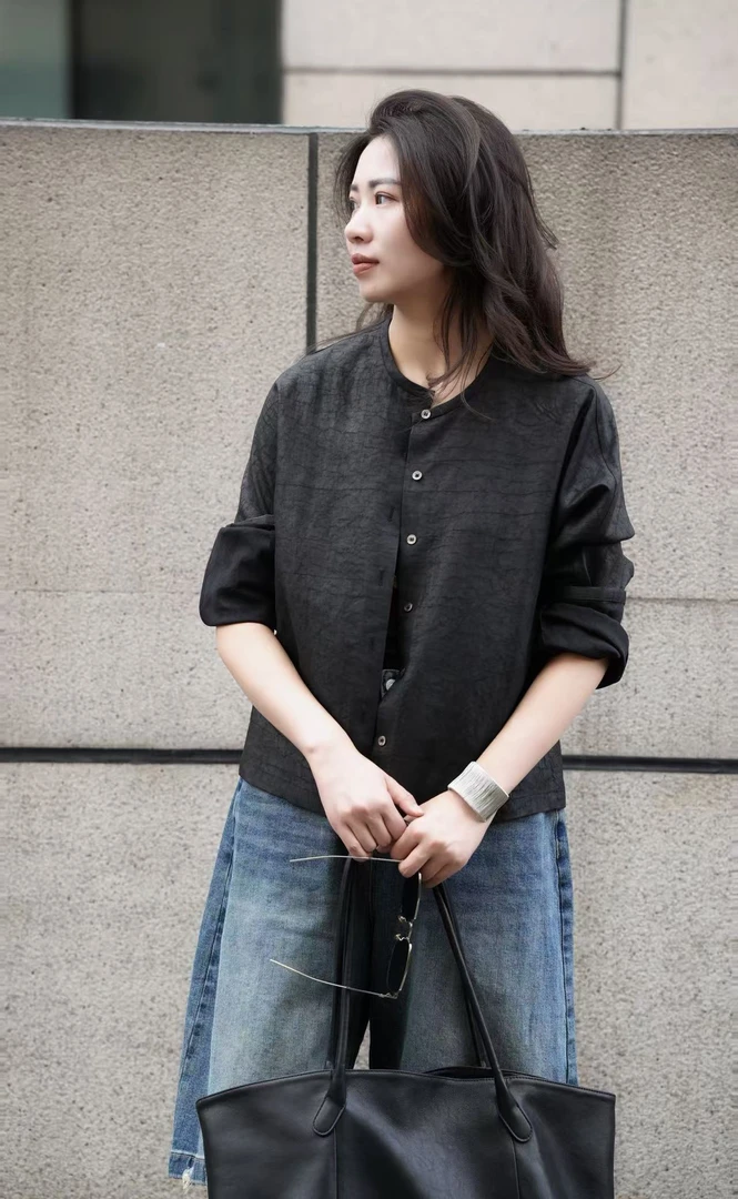 谢美丽-精选圆领纽扣纯色长袖上衣衬衫外套新中式