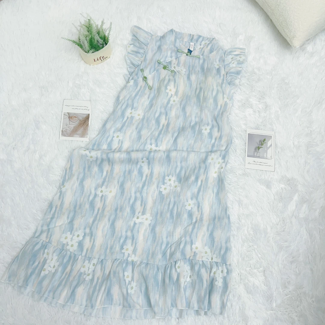 【R688】夏季清凉一夏蓝色小花小飞袖睡裙碎花连衣裙+胸垫