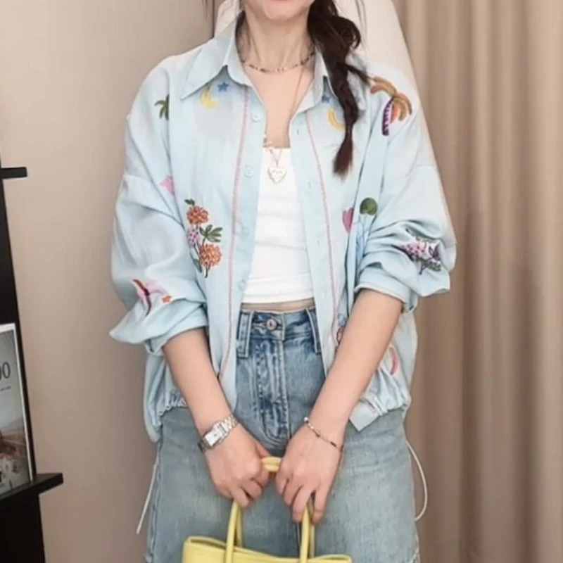 设计感百搭显瘦衬衫女士2025春夏季新款甜美刺绣花朵防晒衬衣外套