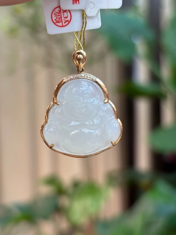 3851和田玉18K金镶白玉佛公吊坠约26*25.2*6.2