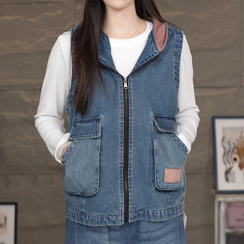 珍珍209马甲蓝女士牛仔连帽2025春季马夹坎肩百搭背心贴布撞色