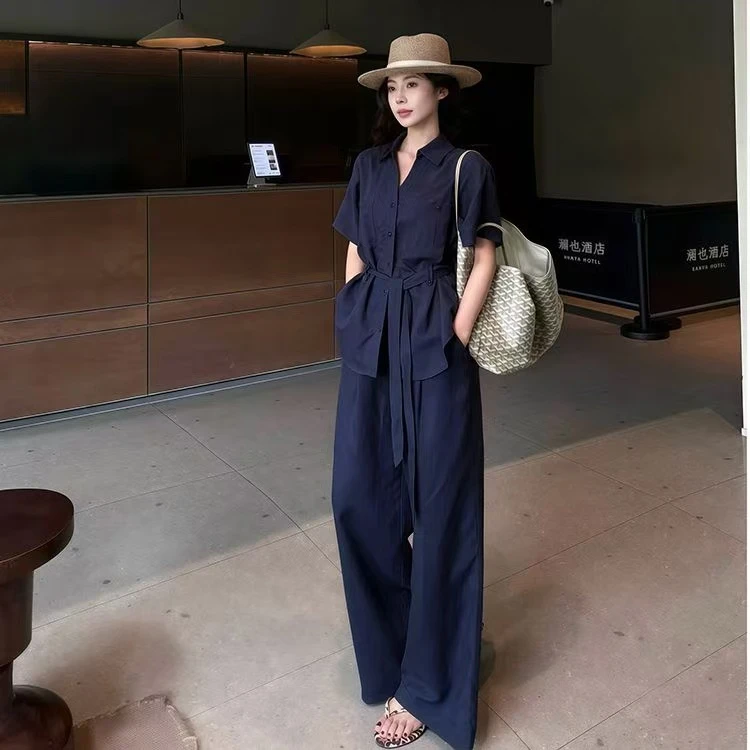 【西西专属】老钱风套装高个子宽松显瘦短袖衬衫＋休闲阔腿裤两件套