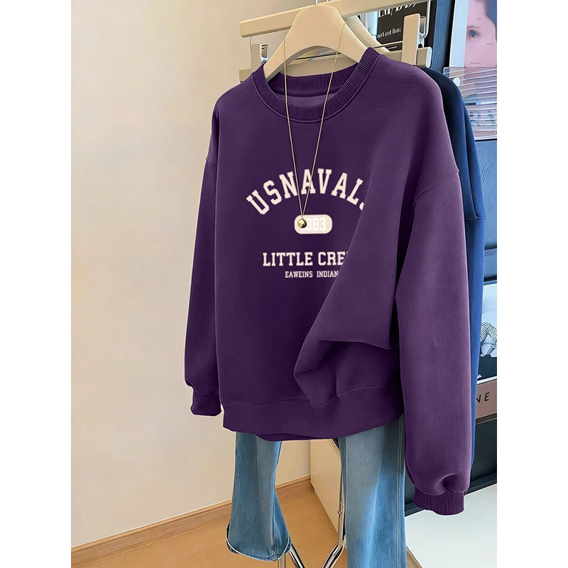 紫色加绒卫衣女2026春季新款宽松百搭时尚洋气印花设计感长袖上衣