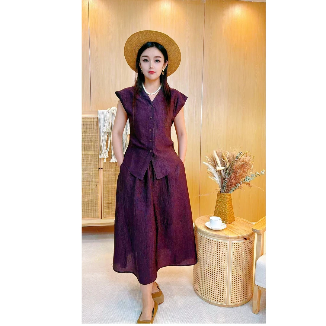 轻奢时尚新款 气质珠光醋酸V领收腰衬衣休闲百搭套装