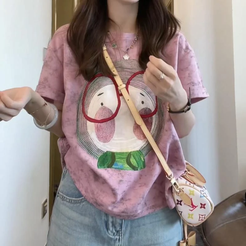 2025年夏季新款设计感紫色扎染短袖T恤女欧货洋气卡通设计感上衣