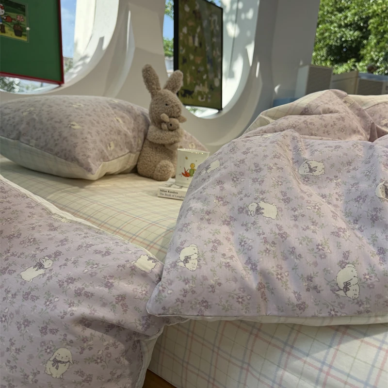 易安阁紫色碎花小兔床上四件套全棉纯棉1.5m1.8米被套床单三件套