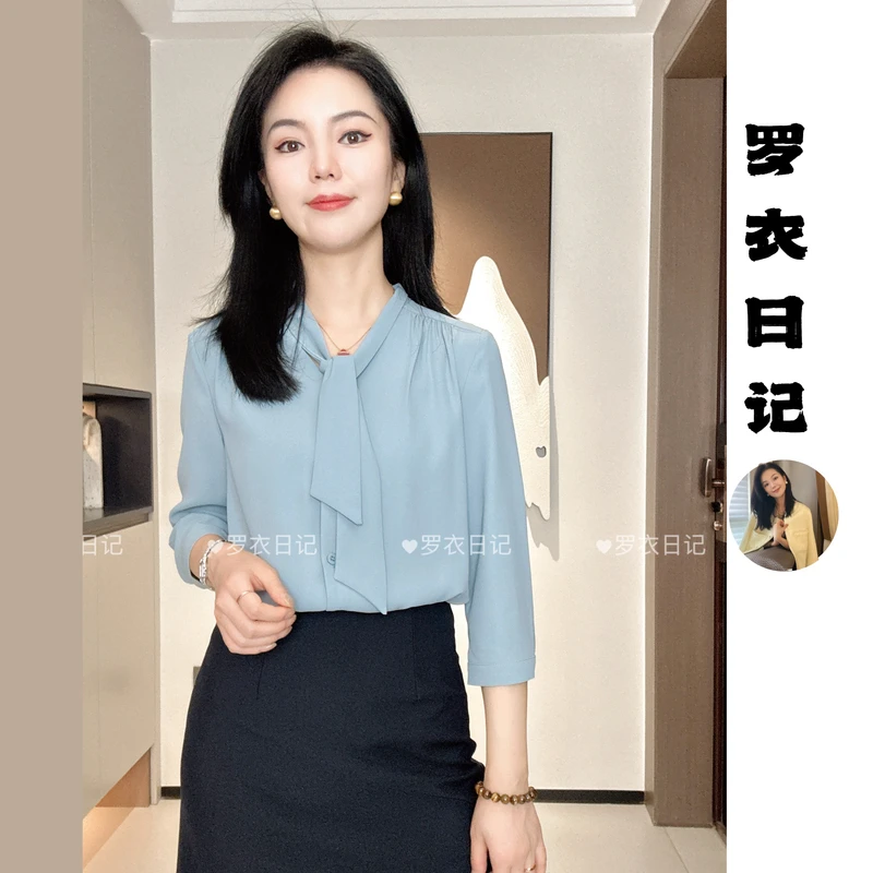 【罗衣专属】七分袖飘带领开衫高档轻职风时尚上衣衬衫