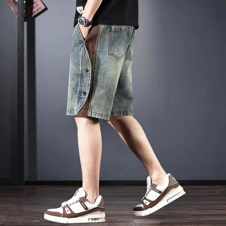 美式复古牛仔短裤男夏季新款透气五分裤潮牌痞帅中裤肥胖宽松大码