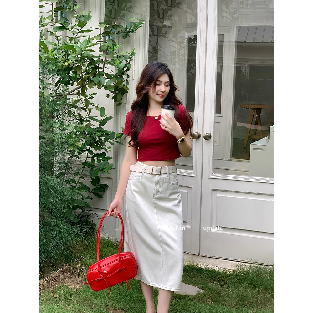DUOXINIU/多喜牛/DaLin夏季薄半身裙高腰显瘦中长牛仔裙时尚百搭