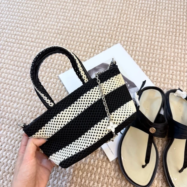 HiFairy·韩版包包女新款夏季条纹编织托特包织布链条斜挎小拎包