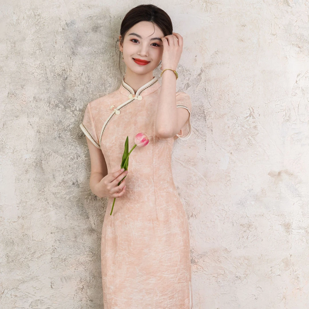 印花淑女风日常中袖拼接立领旗袍中国风中长款赫本风显瘦气质