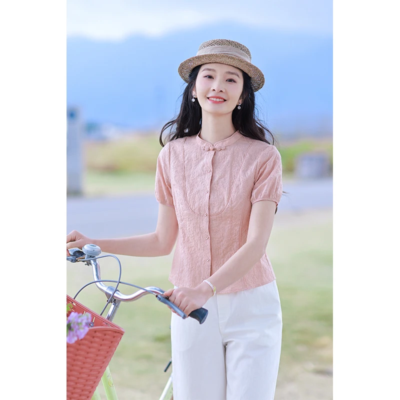 红念粉色刺绣衬衫女夏季2025夏装新款气质修身设计感新中式上衣