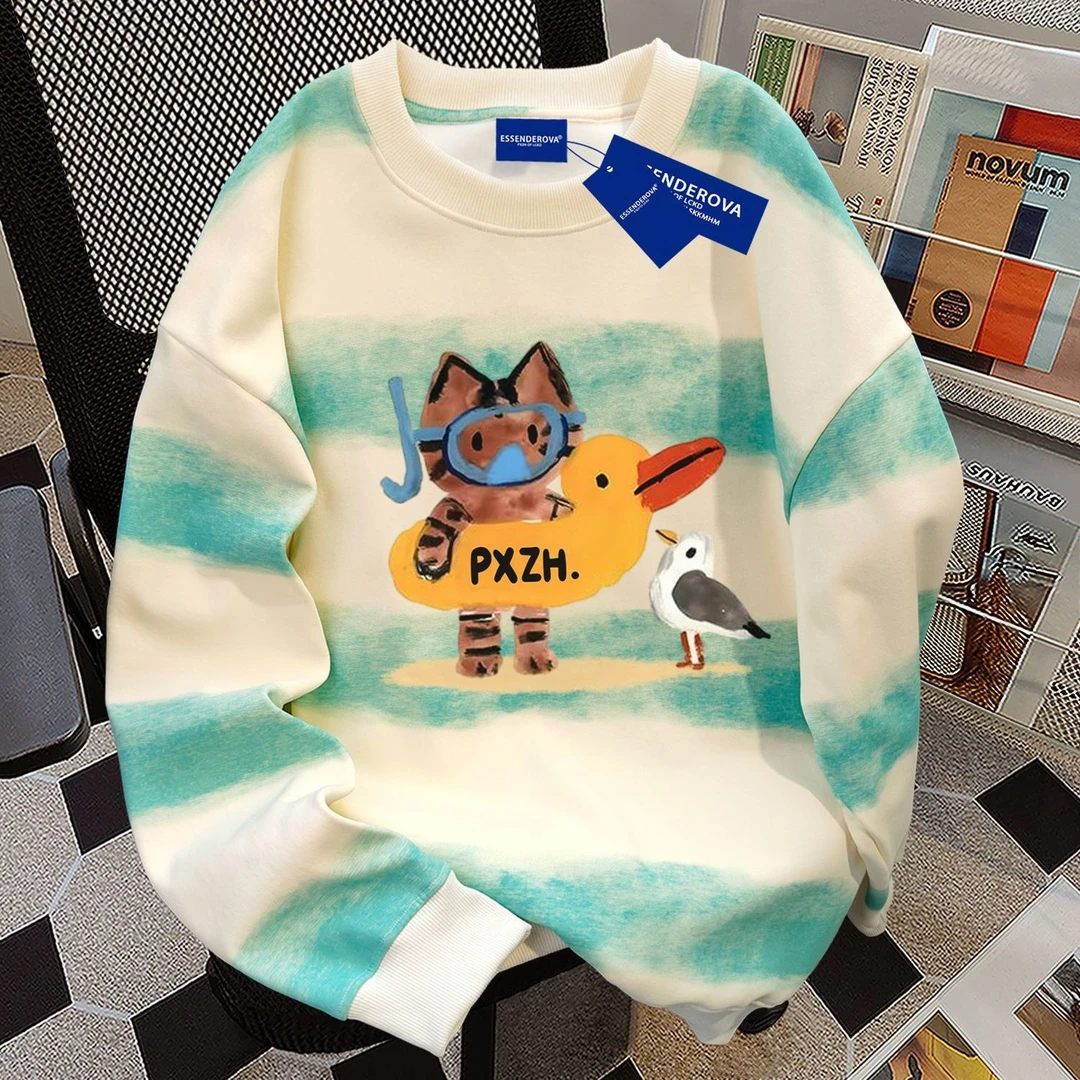 可爱猫咪加绒加厚扎染横条圆领卫衣男女宽松显瘦通勤秋冬季上衣