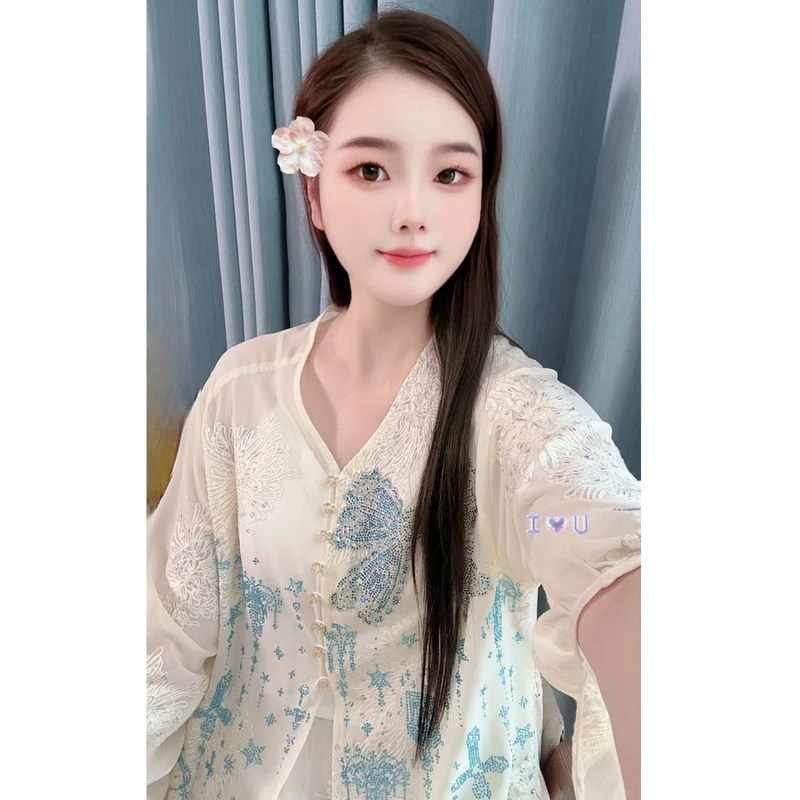 【冰清玉洁】2025新款夏新中式上衣+短裤亮片绣花薄款国风两件套装