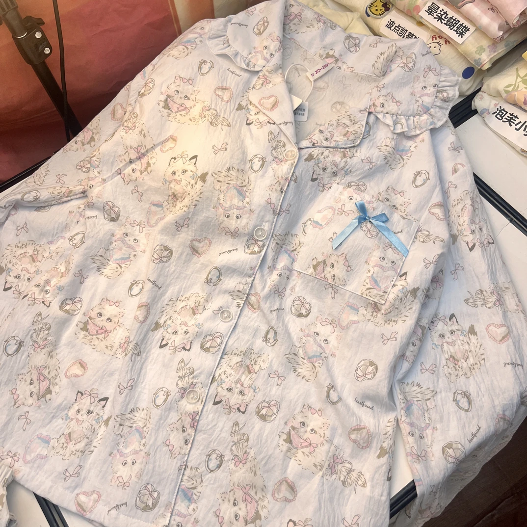 【15】波斯猫长袖长裤带胸垫睡衣家居服套装 云朵棉少女春秋冬天