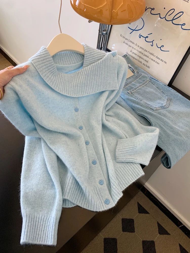 韩系翻领长袖针织开衫毛衣外套女2025秋冬新款设计感气质洋气上衣