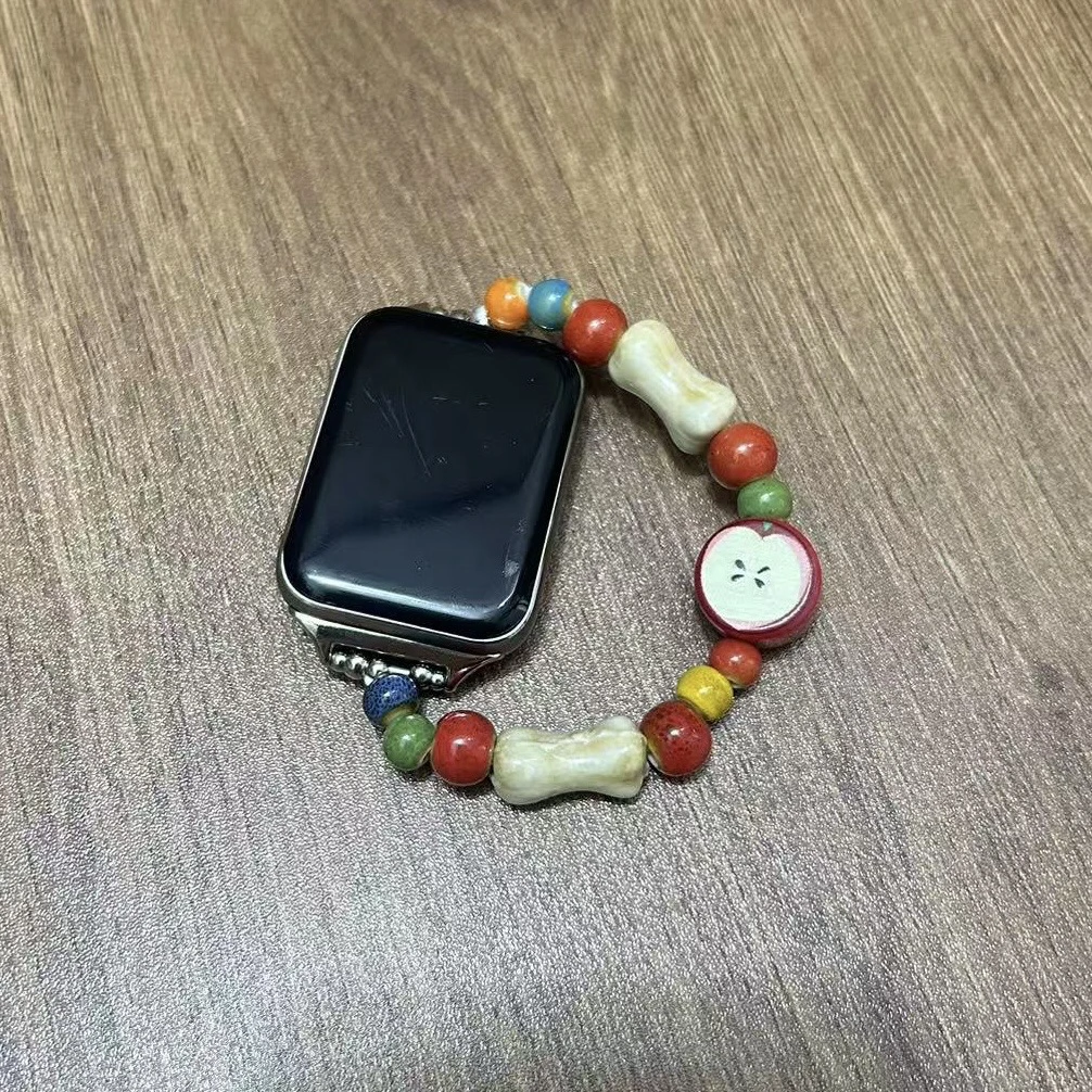 适用苹果iwatch可爱红苹果手串表带小米910pro红米45华为vivo表带