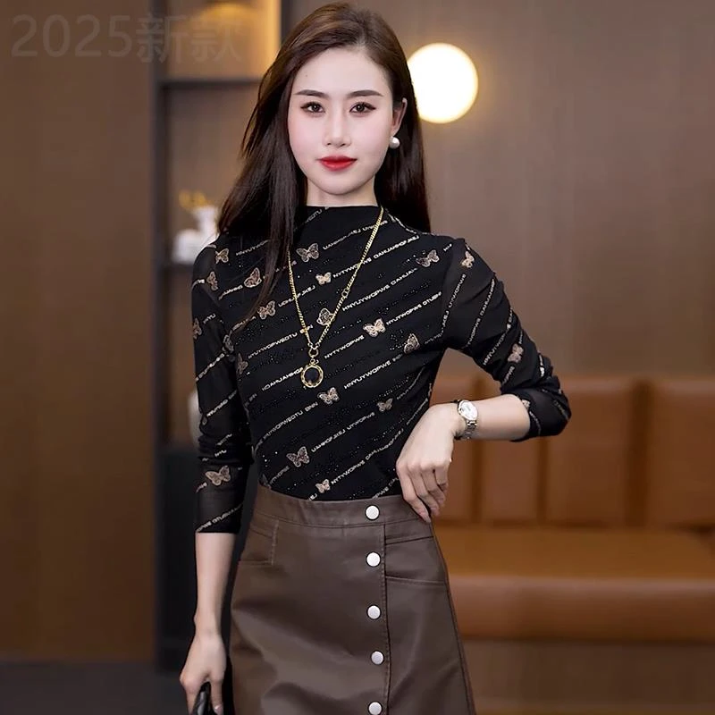 秋冬加厚半高领打底衫女烫钻上衣时尚洋气小衫加绒保暖内搭高级感