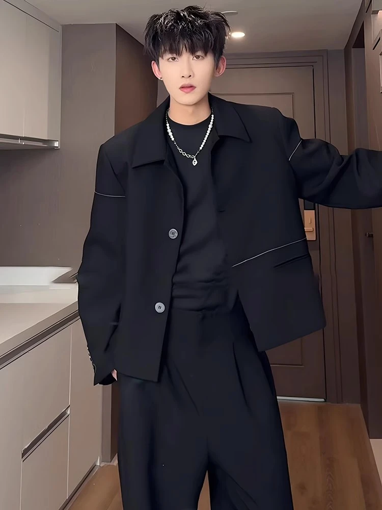 黑色短款垫肩西装外套男高级感痞帅春秋翻领夹克老钱垫肩痞帅西装