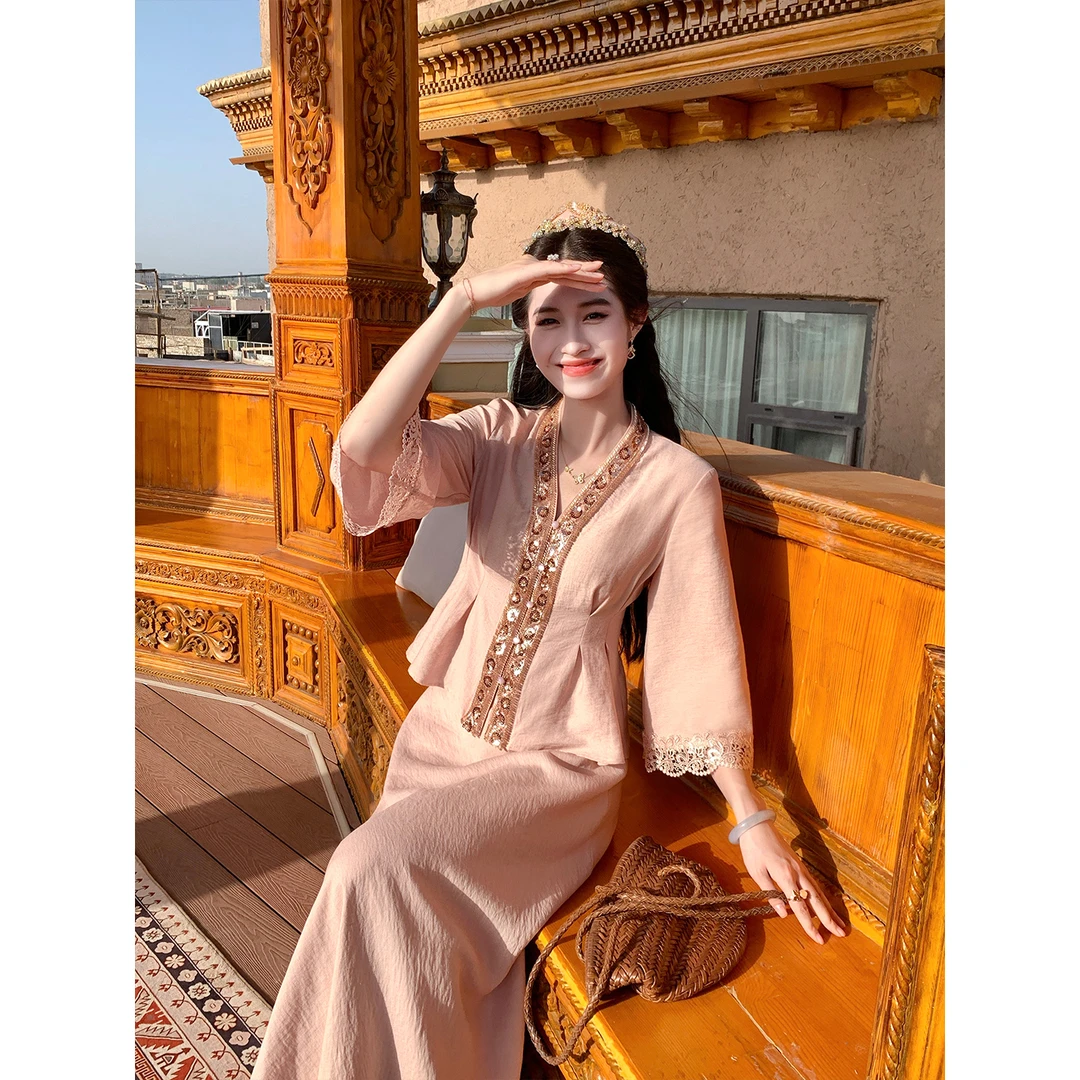 凌茜恣禾【西域桃夭】国风新中式重工钉珠花边上衣大裙摆半身裙套装