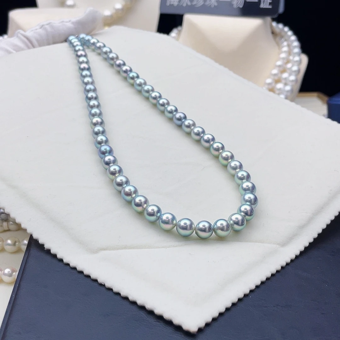 银S925镶嵌颈饰海水珍珠极光镜面真多麻项链7.5-8mm