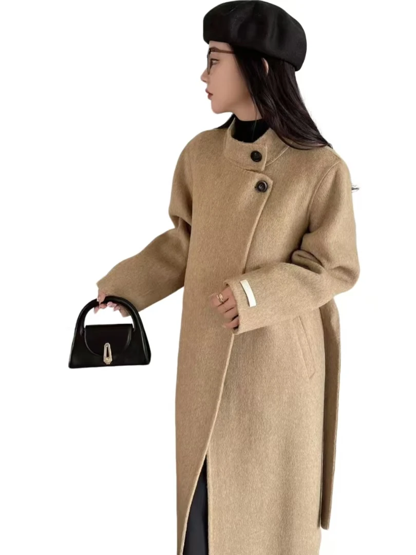 毛呢外套女装女士冬季女士栗子色长大衣时尚百搭中长款