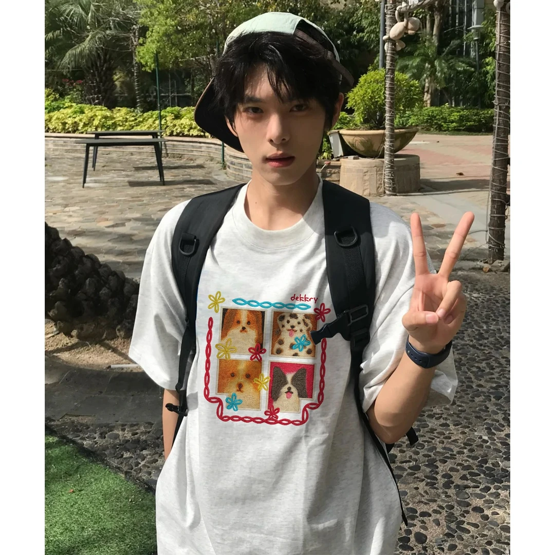 100%纯棉美式设计感仿刺绣小狗印花短袖T恤夏季男女休闲宽松上衣
