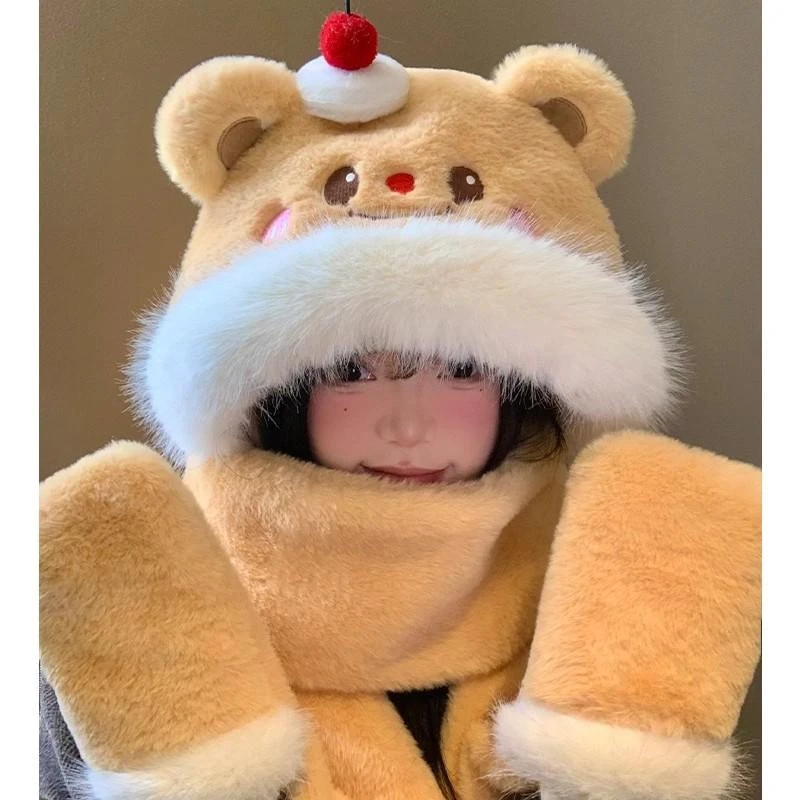 蛋糕小熊毛绒帽子围巾一体女冬季可爱防寒加厚保暖围脖手套三件套