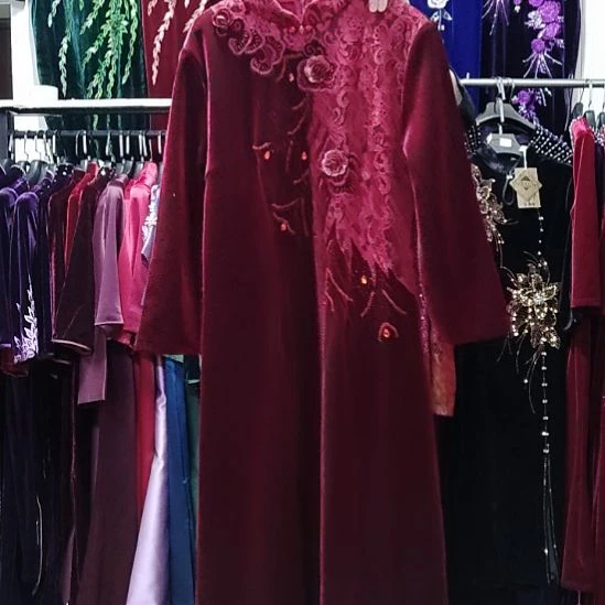 枣红色金丝绒加绒加厚拼接款大长款改良旗袍连衣裙3xl4xl