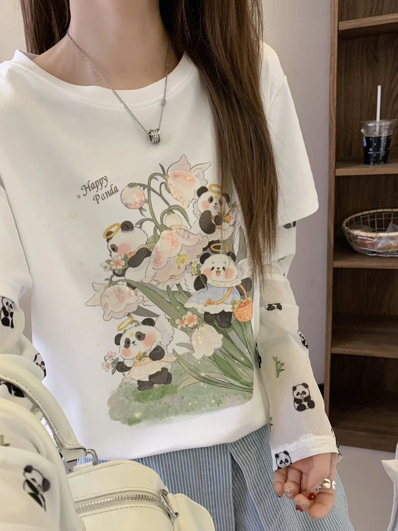 【5276】夏季新款时尚百搭风铃花熊猫卡通亮片绣假两件防晒T恤
