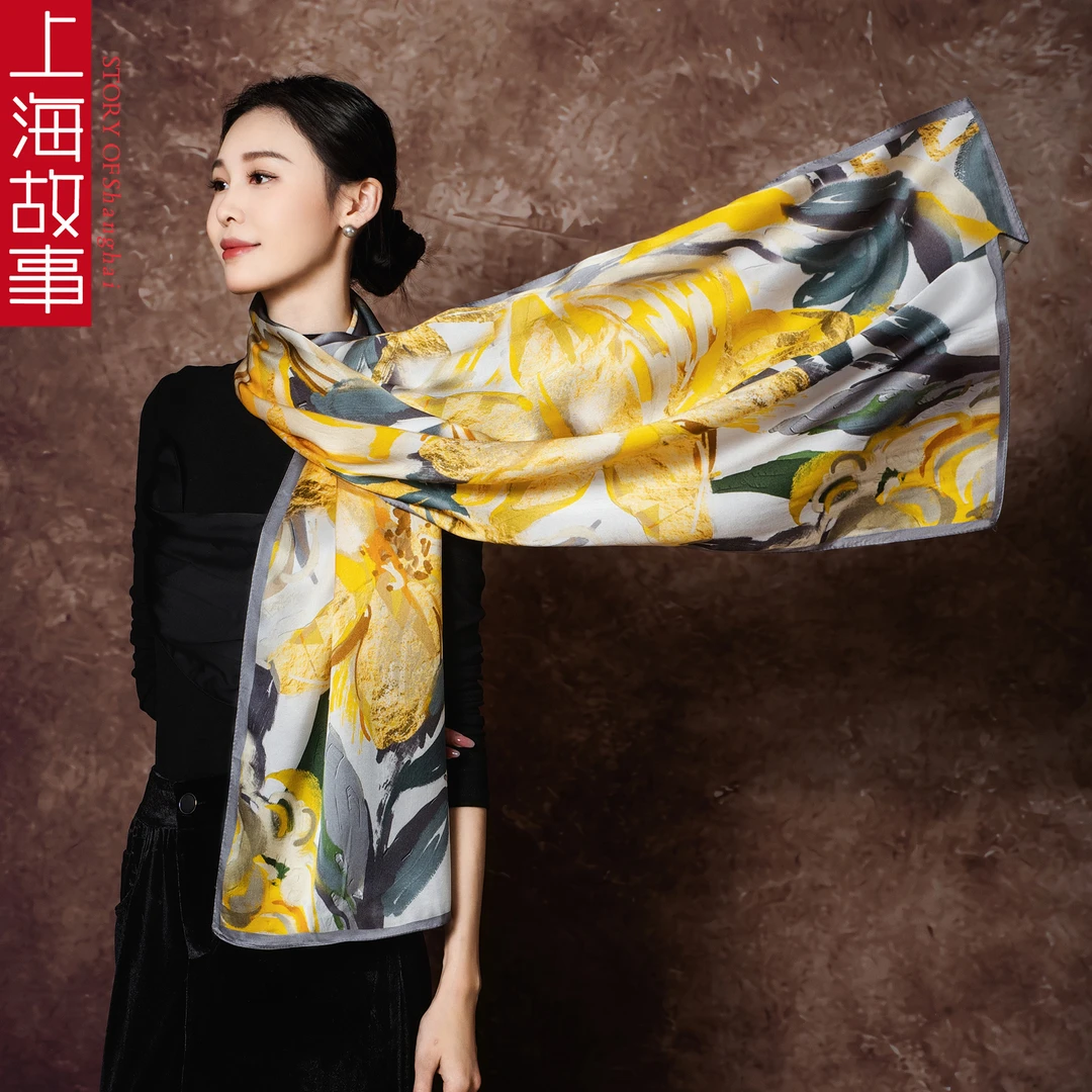 上海故事旗袍披肩长条真丝围巾丝巾围脖护颈洋气桑蚕丝丝巾女款