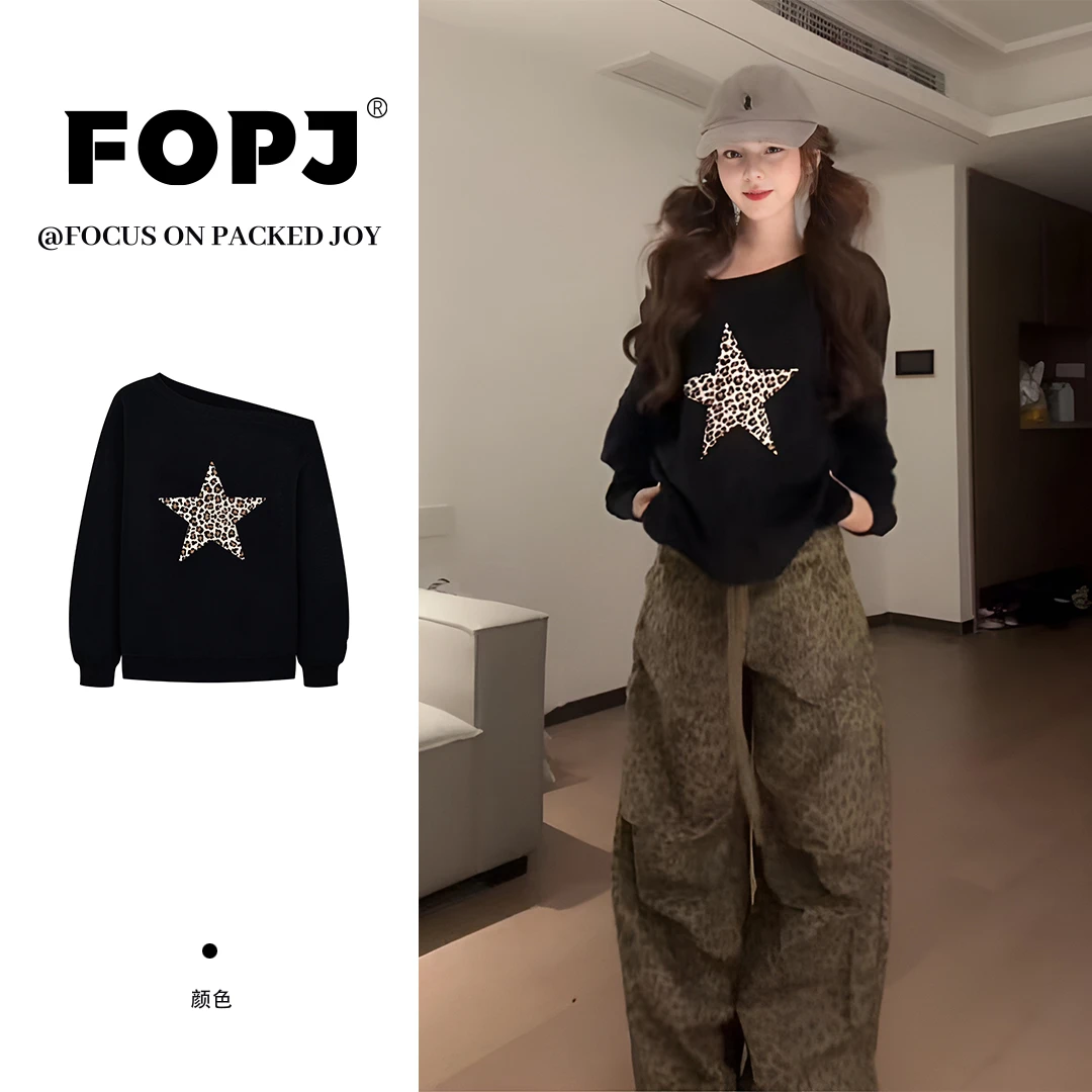 FOPJ早秋新款时尚斜肩长袖t恤女美式设计感宽松潮流慵懒风上衣ins