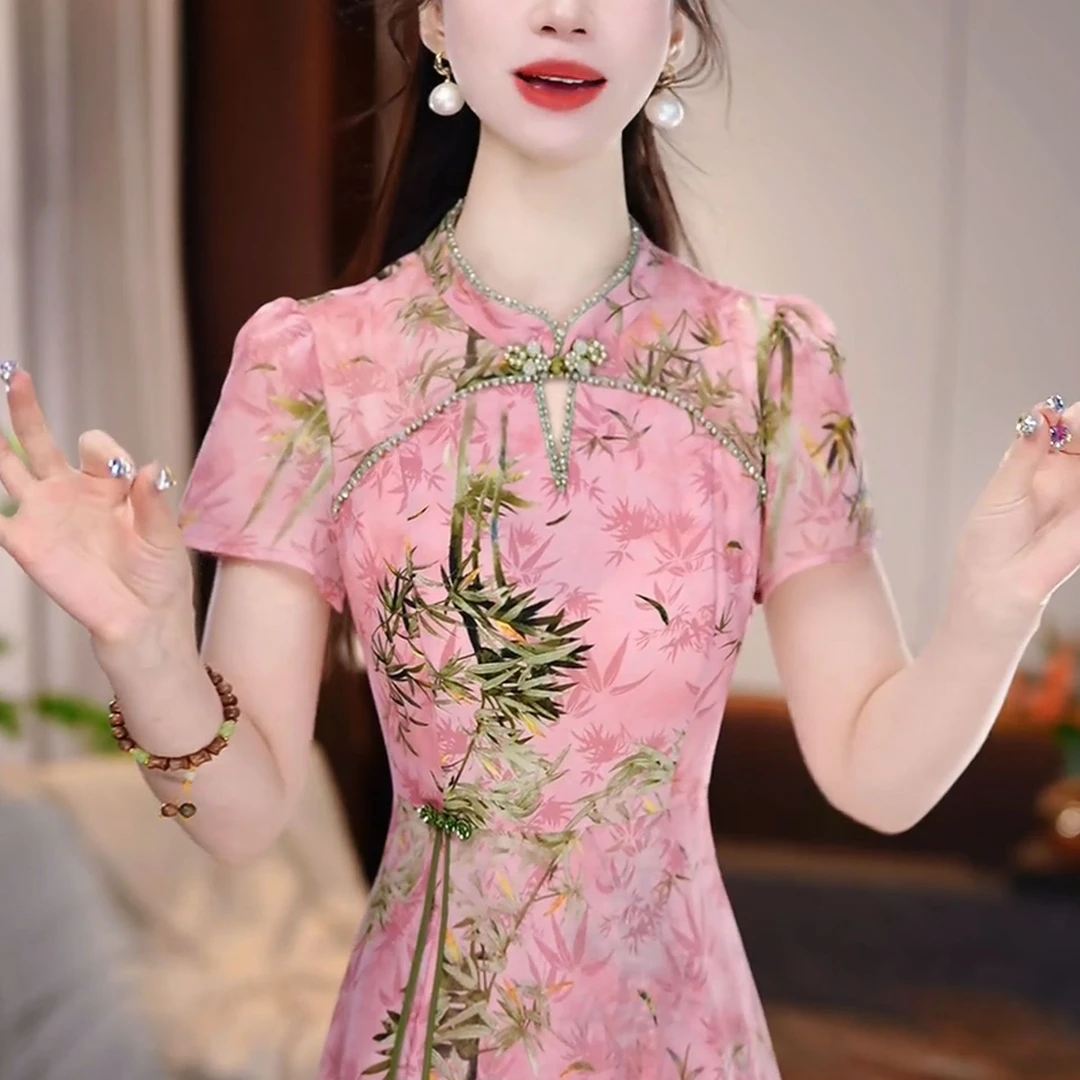 新中式日常洋气设计修身显瘦中长裙优雅印花时尚短袖中长款连衣裙