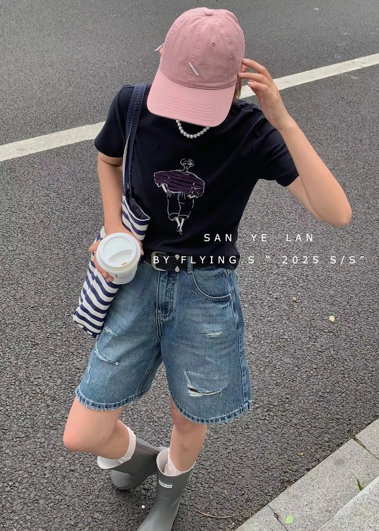 SYL2025新款时尚百搭破洞高腰牛仔中裤6285