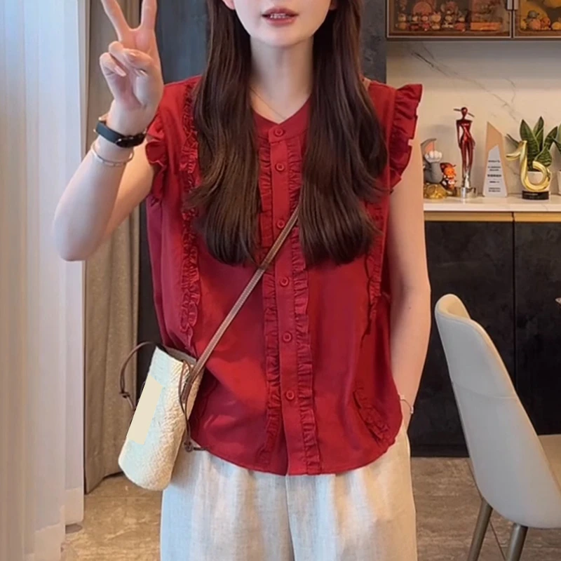 韩版纯色简约木耳边拼接无袖衬衫女2025新款夏季时尚洋气减龄上衣