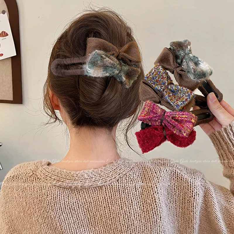小香风拼色蝴蝶结毛绒发夹女高级感大号鸭嘴一字夹后脑勺盘发抓夹