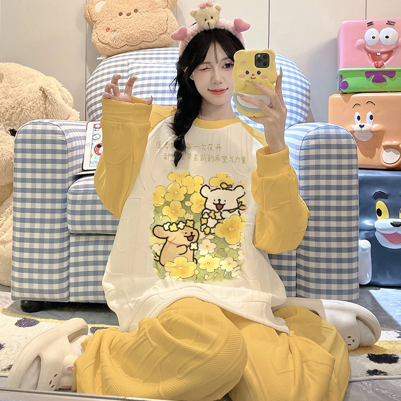 睡衣女春秋款长袖线条小狗秋冬季套装可外穿女童少女士秋天家居服