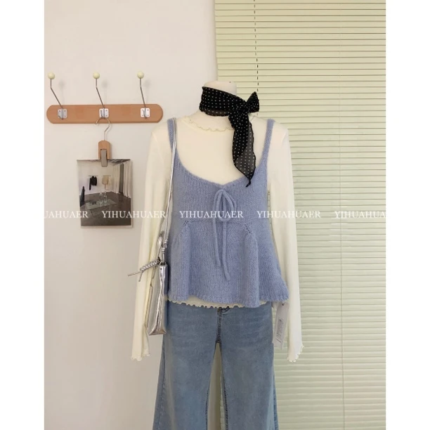 东大门韩系新款木耳边打底纯色吊带立体蝴蝶结两件套2581