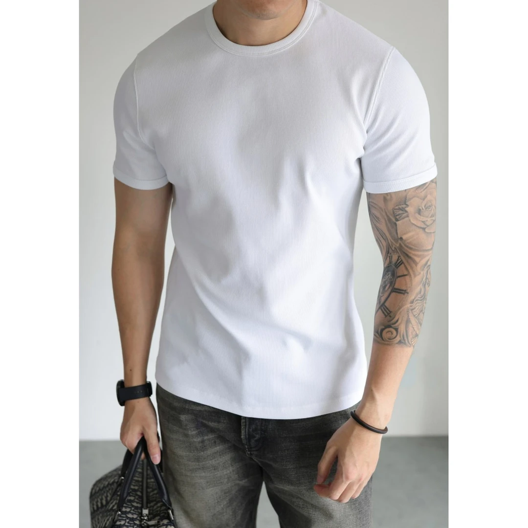 奥兰德保罗美式螺纹弹力精梳棉短袖男士春夏圆领纯色休闲商务T恤