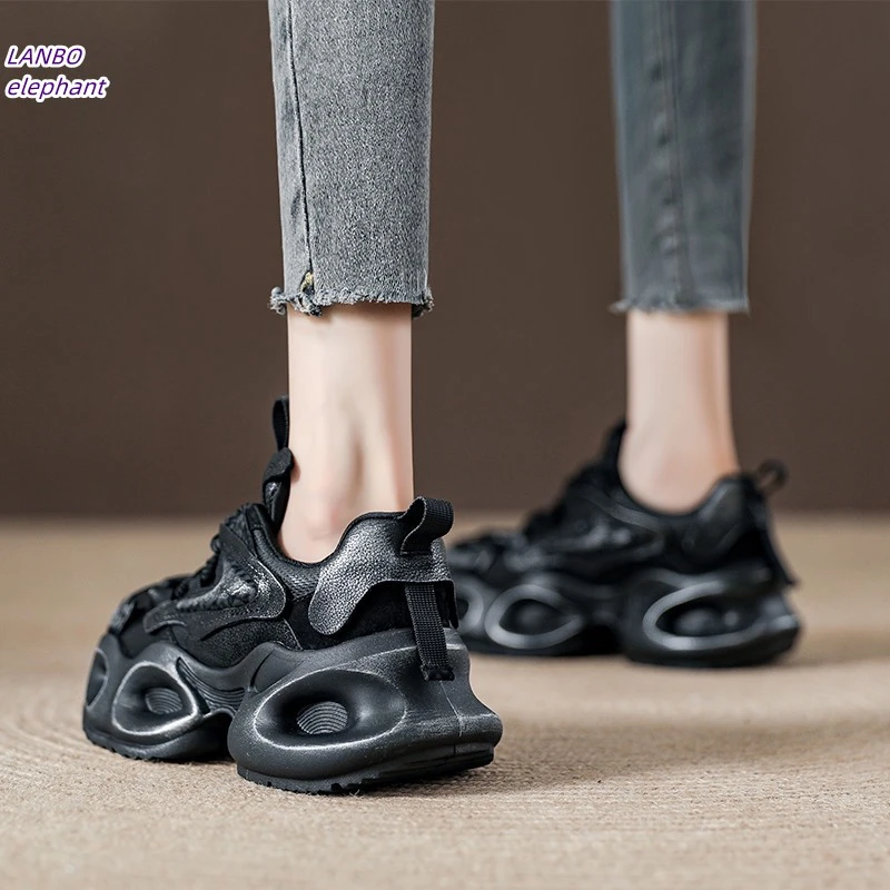 做旧复古牛皮黑色老爹鞋女2026夏季新款小个子增高运动鞋休闲女鞋