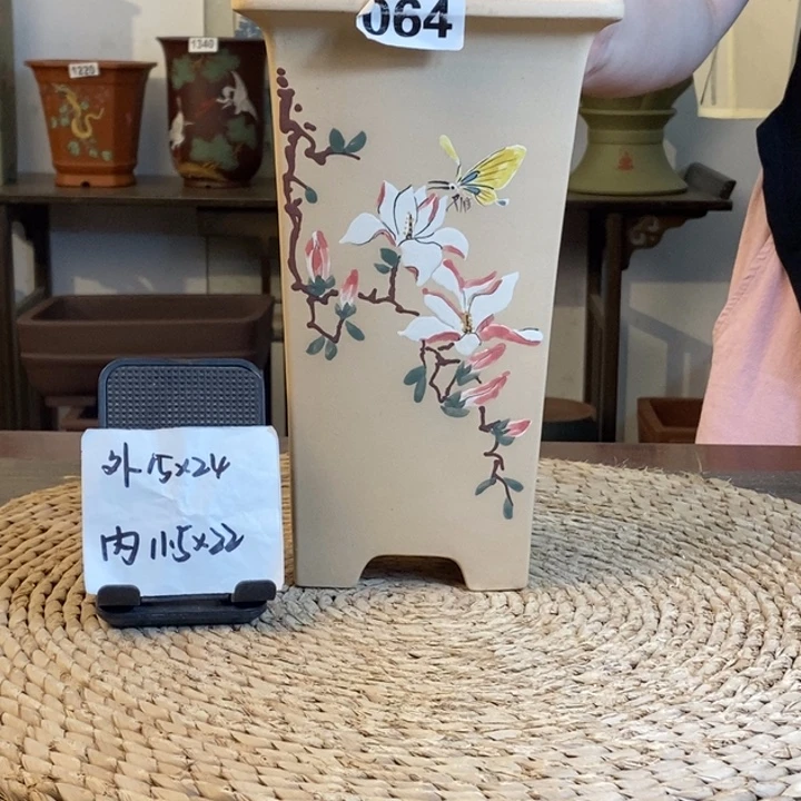 紫砂花盆  白玉段玉兰手绘签筒064