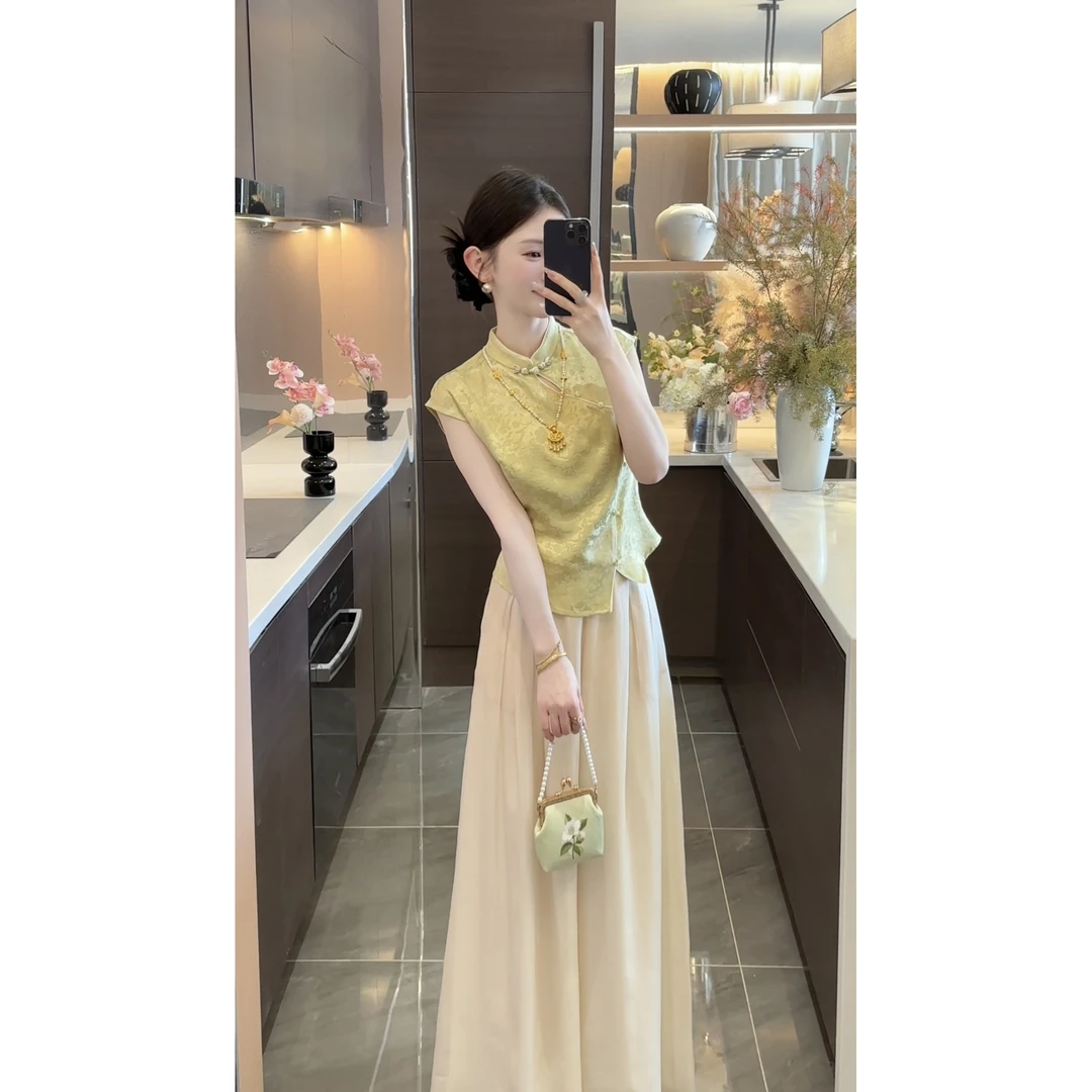 【周粥】【夏瑶】2025新款夏季缎面提花气质收腰上衣预JJX5SY2742