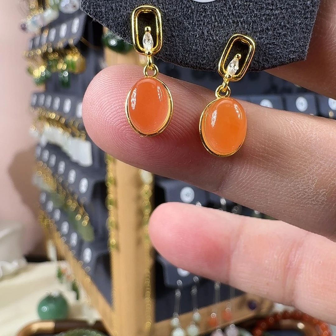 周***粥玛瑙/玉髓银S925镶嵌耳饰